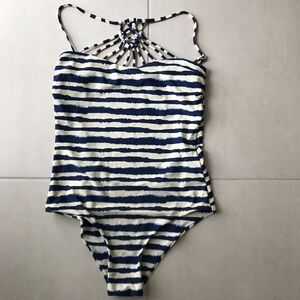 Tori Praver One Piece Swimsuit Striped Indigo Macrame Swimwear
